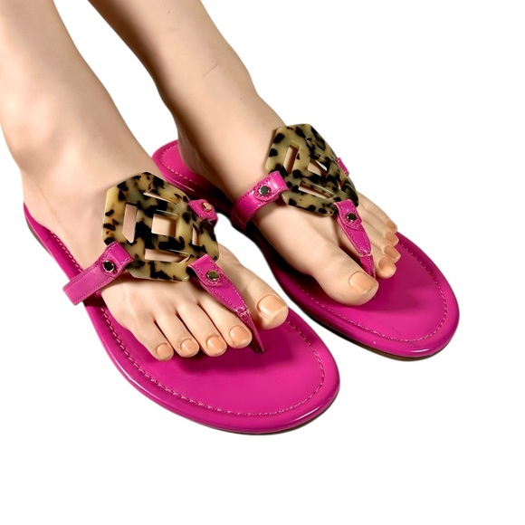 NWT J. McLaughlin Lucy Thong Pink Leather Sandals with Tortoise Shell Detail - Picture 2 of 11